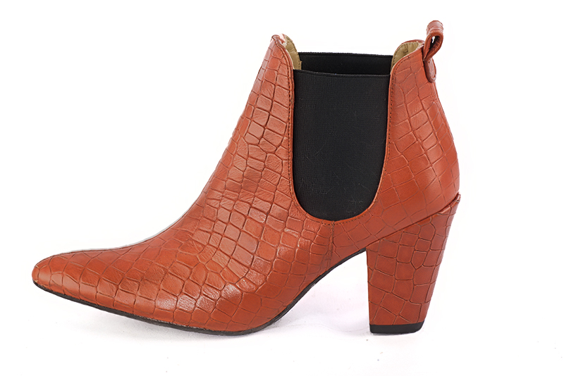 Women's terracotta orange and matt black elegant Chelsea ankle boots, with side elastics. Tapered toe. High cone heels - Profile view